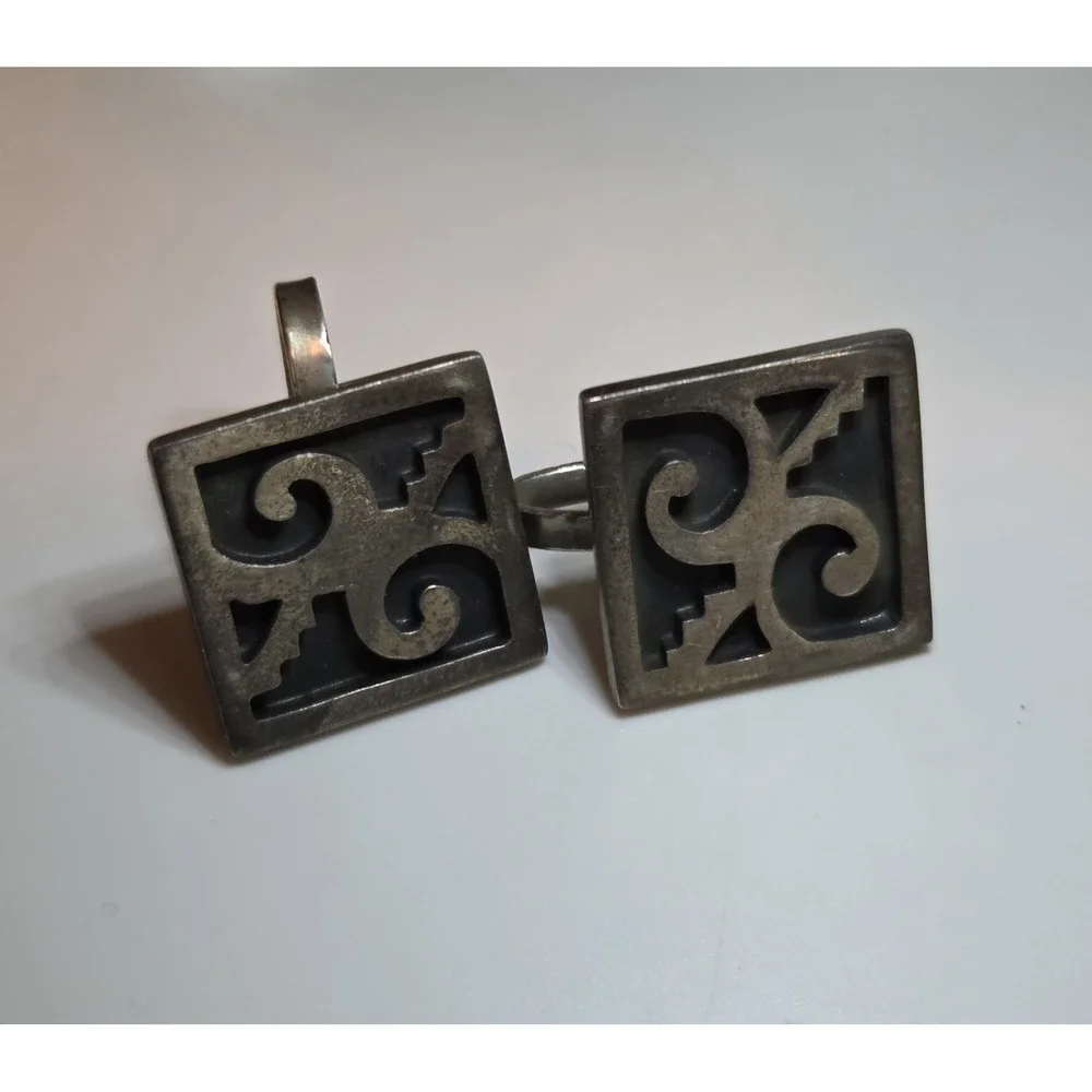 Art‎ Deco Aztec Style Sterling Silver Taxco Screw Back Earrings Signed 925